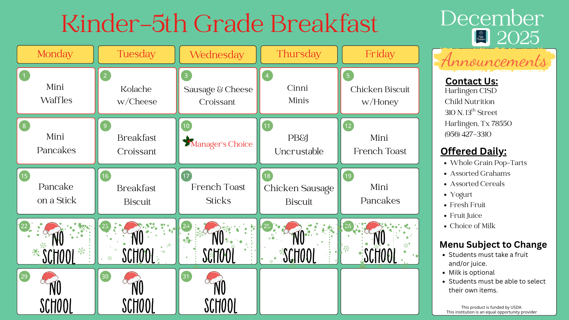 Kinder-5th Updated Menu 12/9/25
